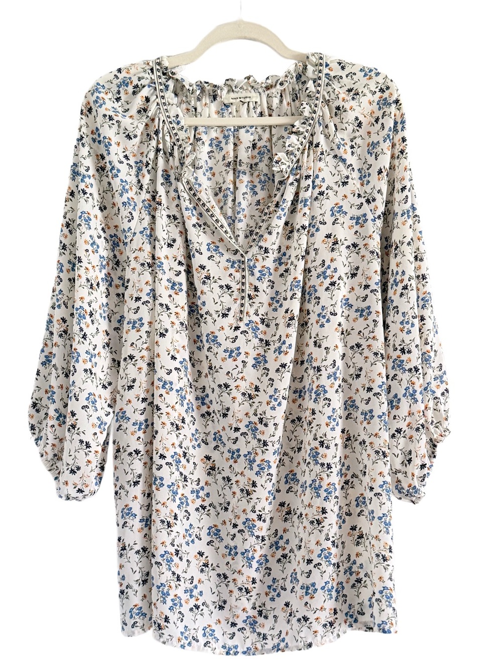 Max Studio Cream Tunic with Blue & Brown Floral Print 1X